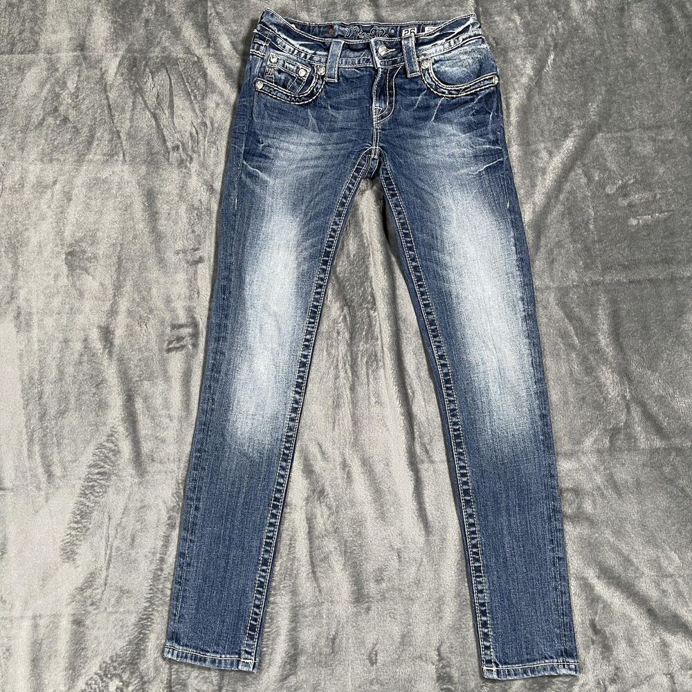 Miss Me Jeans Womens 26 Blue Medium Wash Skinny Embroidered Rhinestone